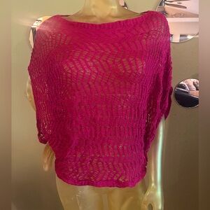Hot Pink Crocheted Cropped Short Sleeve Sweater, Late 90s/Early Y2K, Size L